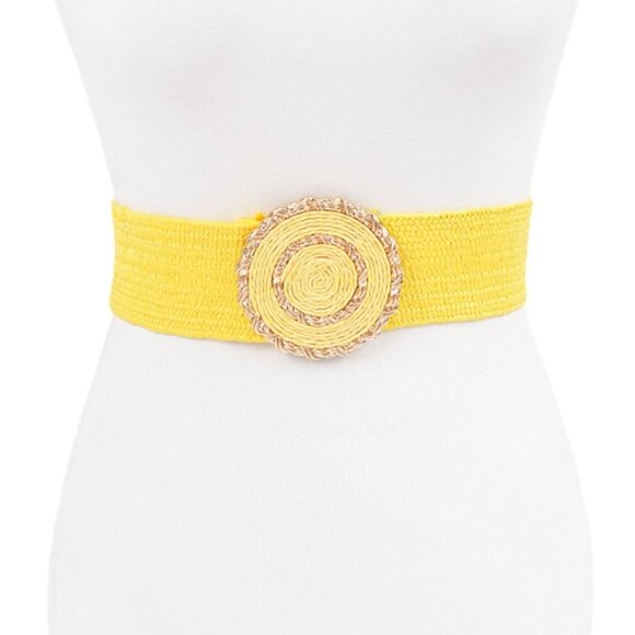 BNWT  Raffia Gold Trim Buckle Faux Straw Elastic Fashion Belt - Yellow - Picture 1 of 3